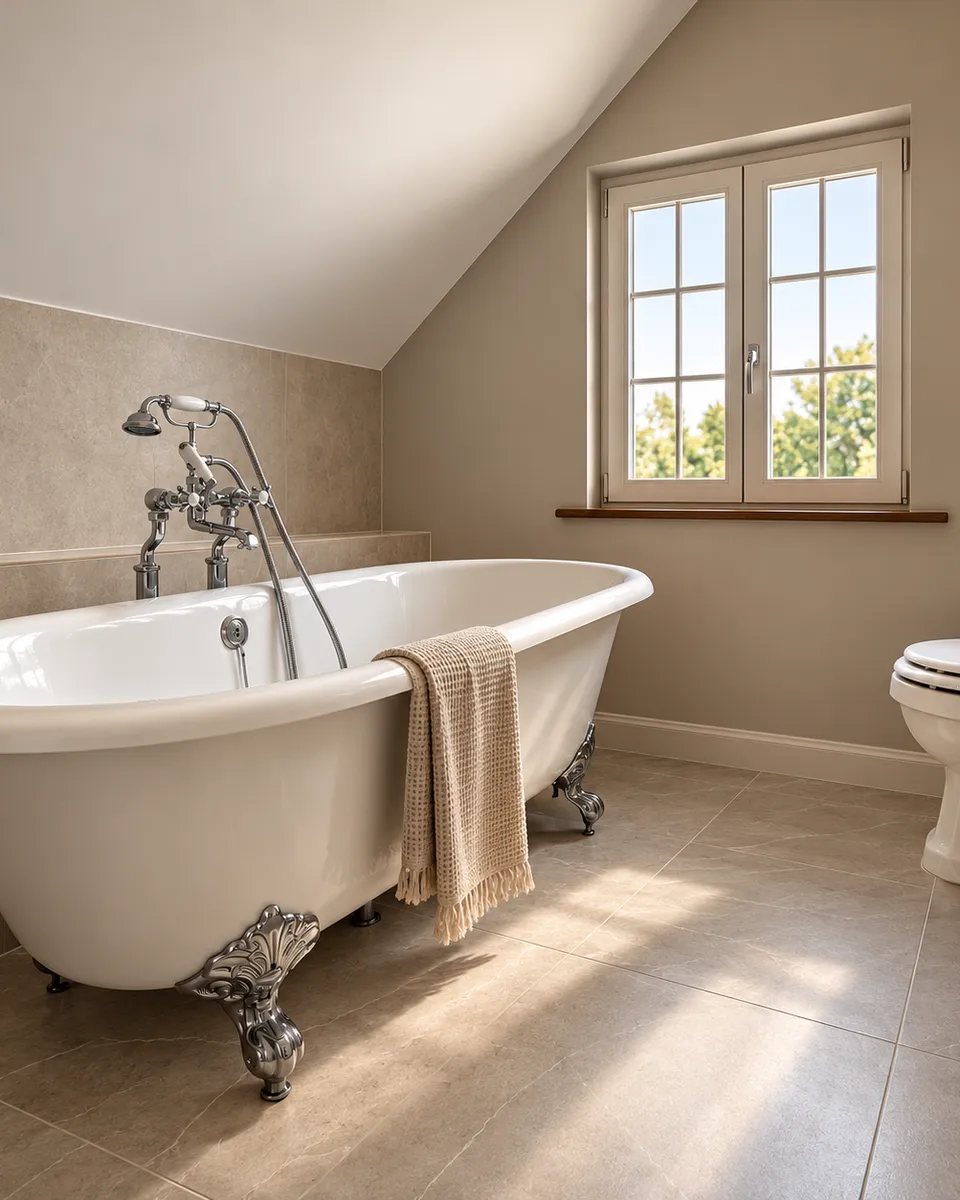 Loft conversion bathroom with a roll-top bath under the sloping roof