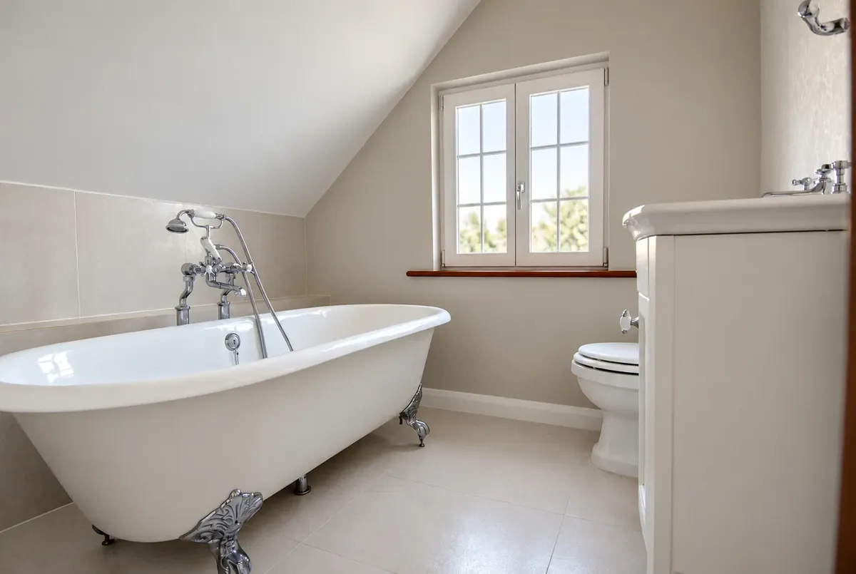 Loft conversion bathroom with a roll-top bath under the sloping roof